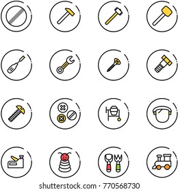 line vector icon set - no limit vector road sign, hammer, sledgehammer, rubber, chisel, wrench, screw, bolt, rivet, cocncrete mixer, protect glass, stapler, pyramid toy, shovel fork, train