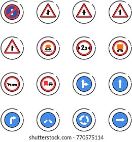 line vector icon set - no parkin odd, intersection vector road sign, dangerous cargo, limited width, cart horse, truck overtake, only forward right, detour, circle