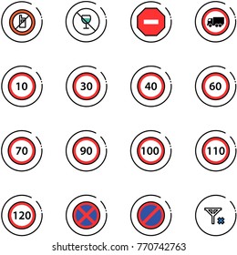 line vector icon set - no mobile sign vector, alcohol, way road, truck, speed limit 10, 30, 40, 60, 70, 90, 100, 110, 120, stop, parking, signal