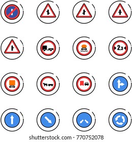 line vector icon set - no parkin odd, intersection vector road sign, trailer, dangerous cargo, limited width, cart horse, truck overtake, only forward right, detour, circle