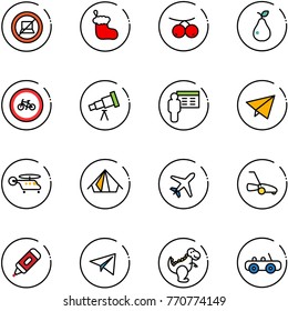 line vector icon set - no computer sign vector, christmas sock, rowanberry, pear, bike road, telescope, presentation, paper fly, helicopter, tent, plane, lawn mower, marker, dinosaur toy, car