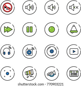 line vector icon set - no horn vector road sign, volume max, medium, off, fast forward, pause, record, bell, wireless headphones, speaker, cd, playback, button, xylophone, toy, piano