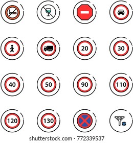 Line Vector Icon Set - No Smoking Sign Vector, Alcohol, Way Road, Car, Pedestrian, Truck, Speed Limit 20, 30, 40, 50, 90, 110, 120, 130, Stop, Signal