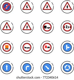 line vector icon set - no parkin odd, intersection vector road sign, trailer, limited width, dangerous cargo, cart horse, truck overtake, only forward right, detour, circle