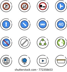 line vector icon set - no mobile sign vector, computer, trailer road, only forward right, detour, bus, minimal speed limit, end, social, globe, playback, basin