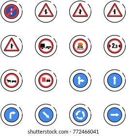 line vector icon set - no parkin odd, intersection vector road sign, trailer, dangerous cargo, limited width, cart horse, truck overtake, only forward right, detour, circle