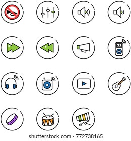line vector icon set - no horn vector road sign, settings, volume medium, low, fast forward, backward, loudspeaker, music player, wireless headphones, speaker, playback, guitar, tambourine, drum