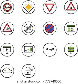 line vector icon set - no smoking sign vector, main road, giving way, airport, children, end speed limit, parking, website, presentation board, statistics, chart point arrow, signpost, cloud