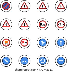 line vector icon set - no parkin odd, intersection vector road sign, trailer, limited width, dangerous cargo, truck overtake, only forward right, detour, circle