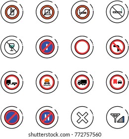 line vector icon set - no mobile sign vector, computer, smoking, alcohol, parkin odd, prohibition road, left turn, trailer, dangerous cargo, truck, overtake, parking, even, delete, fine signal