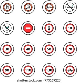line vector icon set - no mobile sign vector, computer, smoking, alcohol, way road, pedestrian, speed limit 10, 30, 40, 50, 70, 90, 110, 130, bike
