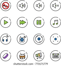 line vector icon set - no horn vector road sign, volume max, medium, off, play, fast forward, pause, music, wireless headphones, speaker, cd, record button, tambourine, drum, xylophone, toy piano