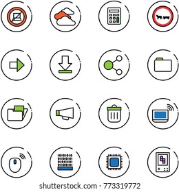 line vector icon set - no computer sign vector, clouds, calculator, cart horse road, right arrow, download, share, folder, loudspeaker, trash bin, notebook wi fi, mouse wireless, binary code, cpu