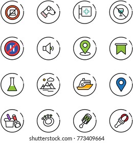 line vector icon set - no computer sign vector, dog, first aid room, alcohol, parking even road, low volume, map pin, flag, flask, mountains, cruiser, navigation, shovel bucket, beanbag