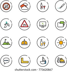 line vector icon set - no computer sign vector, clouds, wine, scalpel, banana, side wind road, monitor cursor, folder, attainment, crown, sun, chat, corner ruler, sailboat toy, excavator