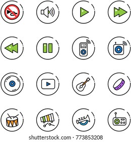 line vector icon set - no horn vector road sign, volume max, play, fast forward, backward, pause, music player, wireless speaker, cd, playback, guitar, tambourine, drum, xylophone, toy, radio