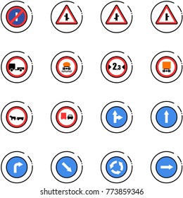 line vector icon set - no parkin odd, intersection vector road sign, trailer, dangerous cargo, limited width, cart horse, truck overtake, only forward right, detour, circle