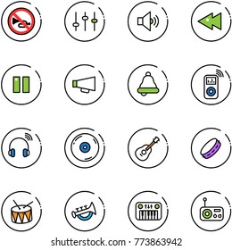 line vector icon set - no horn vector road sign, settings, volume medium, fast backward, pause, loudspeaker, bell, music player, wireless headphones, cd, guitar, tambourine, drum, toy, piano, radio