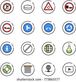 line vector icon set - no mobile sign vector, pill, round motion road, trailer, cart horse, only forward right, detour, circle, pedestrian way, limit, globe, flask, chart, jalousie, playback