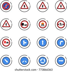 line vector icon set - no parking odd, intersection vector road sign, trailer, dangerous cargo, limited width, truck overtake, only forward right, detour, circle