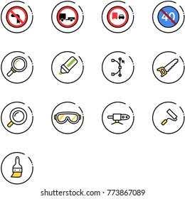 line vector icon set - no left turn vector road sign, trailer, truck overtake, end minimal speed limit, magnifier, highlight marker, bezier, saw, protective glasses, pipe welding, paint roller