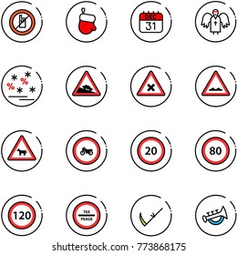 line vector icon set - no mobile sign vector, christmas glove, 31 dec calendar, angel, sale, steep descent road, railway intersection, rough, cow, moto, speed limit 20, 80, 120, tax peage, scythe