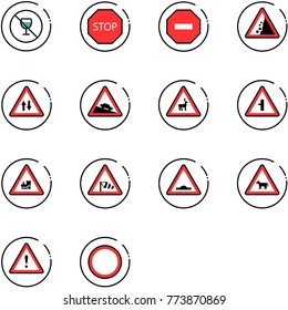 line vector icon set - no alcohol sign vector, stop road, way, landslide, oncoming traffic, steep descent, wild animals, intersection, railway, side wind, artificial unevenness, cow, attention