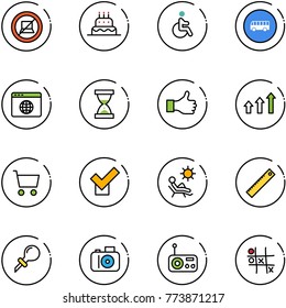 line vector icon set - no computer sign vector, cake, disabled, bus road, browser globe, sand clock, like, arrows up, cart, check, beach, ruler, oiler, camera, radio, Tic tac toe