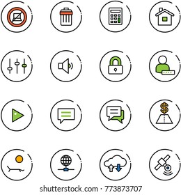 line vector icon set - no computer sign vector, trash bin, calculator, home, settings, low volume, locked, user password, play, chat, dollar, lounger, globe, cloud exchange data, satellite