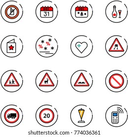 line vector icon set - no mobile sign vector, 31 dec calendar, christmas, wine, star postcard, sale, heart, slippery road, children, wild animals, rough, prohibition, truck, speed limit 20, pennant