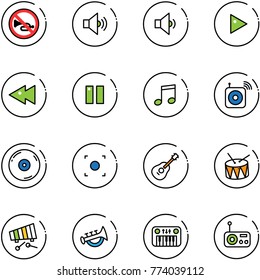 line vector icon set - no horn vector road sign, volume medium, low, play, fast backward, pause, music, wireless speaker, cd, record button, guitar, drum, xylophone, toy, piano, radio