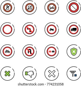 line vector icon set - no mobile sign vector, computer, smoking, prohibition road, left turn, moto, truck, bike, back, overtake, shield cross, delete, dislike, signal