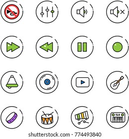 line vector icon set - no horn vector road sign, settings, low volume, off, fast forward, backward, pause, record, bell, cd, playback, guitar, tambourine, drum, xylophone, toy piano
