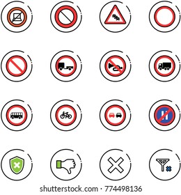 line vector icon set - no computer sign vector, prohibition road, multi lane traffic, trailer, horn, truck, bus, bike, overtake, parking even, shield cross, dislike, delete, signal