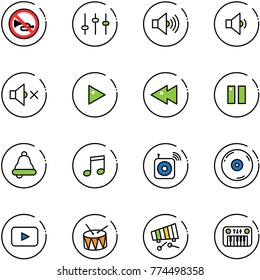 line vector icon set - no horn vector road sign, settings, volume max, low, off, play, fast backward, pause, bell, music, wireless speaker, cd, playback, drum, xylophone, toy piano