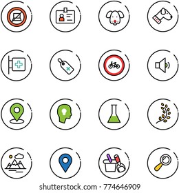 line vector icon set - no computer sign vector, identity, dog, first aid room, medical label, bike road, low volume, map pin, head bulb, flask, golden branch, mountains, navigation, shovel bucket