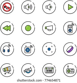 line vector icon set - no horn vector road sign, volume max, low, play, fast backward, record, loudspeaker, music player, wireless headphones, speaker, button, tambourine, xylophone, toy, piano