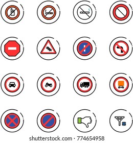 line vector icon set - no mobile sign vector, smoking, prohibition road, way, multi lane traffic, parkin odd, left turn, car, moto, truck, dangerous cargo, stop, parking, dislike, signal