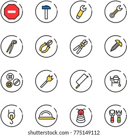 line vector icon set - no way vector road sign, hammer, wrench, plumber, side cutters, bolt cutter, screw, rivet, wood drill, metal hacksaw, cocncrete mixer, winch, construction helmet, pyramid toy