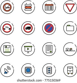 line vector icon set - no smoking sign vector, post, schedule, giving way road, limited distance, truck, parking, folder, save, presentation board, agreement, swimming, satellite antenna, cpu, chip
