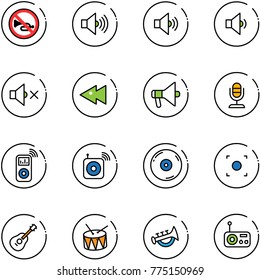 line vector icon set - no horn vector road sign, volume max, medium, low, off, fast backward, loudspeaker, microphone, music player, wireless speaker, cd, record button, guitar, drum, toy, radio