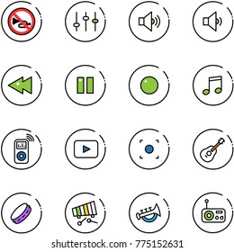 line vector icon set - no horn vector road sign, settings, volume medium, low, fast backward, pause, record, music, player, playback, button, guitar, tambourine, xylophone, toy, radio