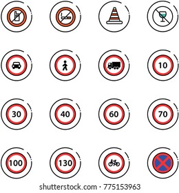 line vector icon set - no mobile sign vector, smoking, road cone, alcohol, car, pedestrian, truck, speed limit 10, 30, 40, 60, 70, 100, 130, bike, stop