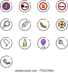 line vector icon set - no parkin odd, trailer vector road sign, dangerous cargo, cart horse, magnifier, highlight marker, banana, parasol, fretsaw, brush, balloon smile, stick toy