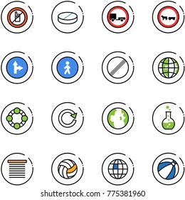 line vector icon set - no mobile sign vector, pill, trailer road, cart horse, only forward right, pedestrian way, limit, globe, friends, reload, round flask, jalousie, volleyball, beach ball