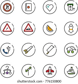 line vector icon set - no mobile sign vector, passport, heart, atm, turn right road, car crash, watermelone, swimsuit, phone, saw, metal hacksaw, elephant wheel, baby carousel, toy windmill, plane