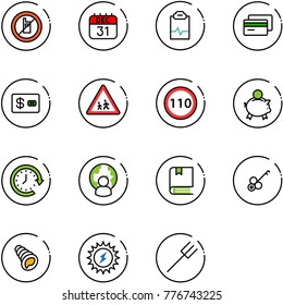 line vector icon set - no mobile sign vector, 31 dec calendar, pulse clipboard, credit card, children road, speed limit 110, piggy bank, clock around, man globe, book, key, shell, sun power