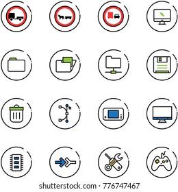 line vector icon set - no trailer vector road sign, cart horse, truck overtake, monitor cursor, folder, network, save, trash bin, bezier, game console, chip, connect, wrench screwdriver, joystick