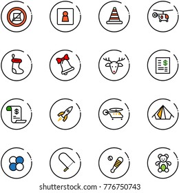 line vector icon set - no computer sign vector, female wc, road cone, helicopter, christmas sock, bell, deer, account statement, history, rocket, tent, atom core, fretsaw, baseball bat, bear toy