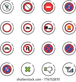 line vector icon set - no alcohol sign vector, prohibition road, way, parkin odd, moto, trailer, dangerous cargo, bike, turn back, stop, parking, even, delete cross, dislike, fine signal